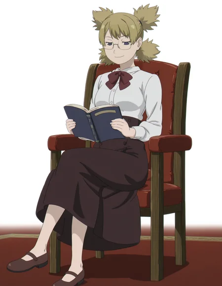 full body, solo, perfect composition, shadows, shading, <lora:Sousou_no_Frieren:0.8> SousounoFrierenStyle, <lora:anime_screencap-Illustrious:0.5> anime screencap, anime coloring, very aesthetic, absurdres, zPDXL, <lora:Pony_DetailV2.0:0.5> <lora:illustrious_quality_modifiers_masterpieces_v1:1>
<lora:Temari:1> temari, 1girl, quad tails, <lora:glasses_illustrious_V1.0:0.8> glasses, rimless eyewear, female focus, smile, sitting on chair, reading book, crossed legs,
white shirt, breasts, buttoned shirt, bowtie, high waisted skirt, brown skirt, long skirt,
white background,