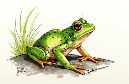 Sharp image of a rough sketch, rendered in vibrant multi colour ballpoint pen, capturing the adorable features of a close-up of a green frog sitting on a rock. The frog is facing towards the right side of the image and its head is slightly tilted upwards. It has a round head with two large, round eyes and a small mouth. Its body is covered in small, dark spots and its legs are stretched out in front of it. The background is blurred, but it appears to be a natural setting with some plants and foliage. The overall color of the frog is predominantly green, with some brown and black markings on its body.  p3nsk, <lora:p3nsk:1>