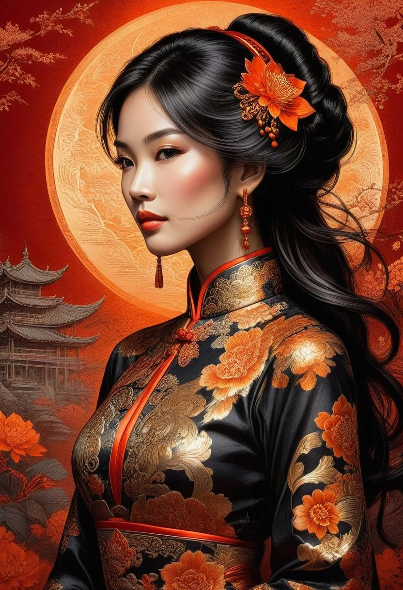 Silhouette Art, breathtaking detailed, masterpiece, awe-inspiring, radiant, magnificent. (all dark hues and fine vibrant orange glowing smoldering accent and shiny silver color scheme:1.02). glossy. stunning oriental woman, long hair, gold and red cheongsam