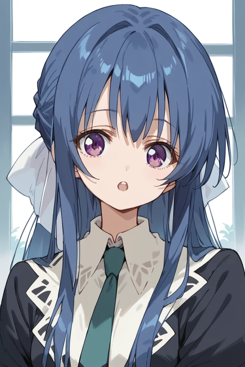 score_9, score_8_up, score_7_up, score_6_up,
<lora:Tamao_Suzumi:1> tamao, miator, 1girl, solo, blue hair, purple eyes, :o, long hair, necktie, looking at viewer, school uniform, open mouth, sidelocks, upper body