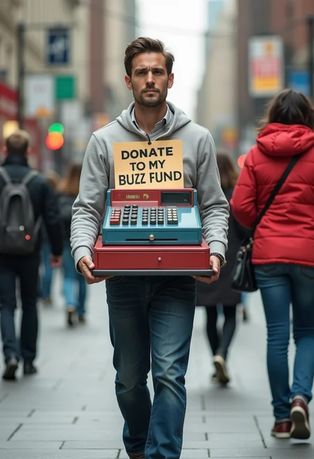 A man walks around with a giant toy cash register hanging around his neck. Above the register, there’s a big sign that reads, “Donate to my buzz fund.” Each time he passes someone, he presses a button with a hopeful look, and it rings out empty.