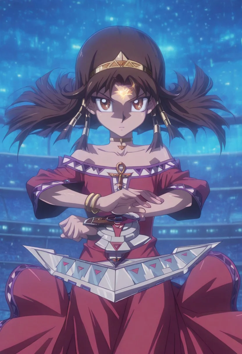 source_anime, high res image, masterpiece, perfect quality, best quality, absurdres, scenic, ultra detailed face, detailed eyes,
HDR,
sera,solo,1girl,long hair,hair tubes,brown eyes,hairband,brown hair,jewelry,bare shoulders,tiara,collarbone,choker,bracelet,dress,red dress,black hair,neck ring,white shoes,anklet,(forehead bright light:1.2),
Duel_Disk, dynamic pose, one hand spread, looking at viewer, front view,
cool girl, no expression,
blue theme stadium, digital, seat, crowds in background