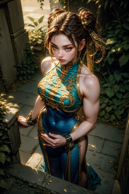 (masterpiece:1.4), (intricate:1.2), (detailed:1.2), (ornate:1.2), (vibrant colors:1.2), BREAK,
(fantasy:1.0), (from above:1.2), BREAK,
chun-li, bare shoulders, pelvic curtain, toned, athletic, <lora:Alpha_Chunners-DEF:0.8> alphachun, BREAK,
(pond:1.1), (ivy:1.0), (moss:1.0), (bushes:1.0),