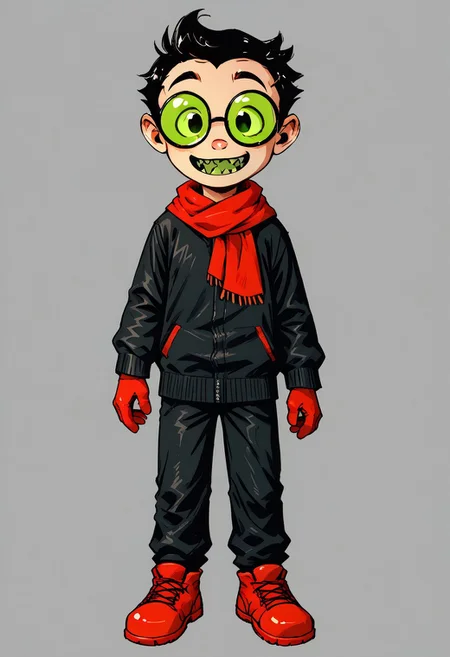 score_9, score_8_up, score_7_up, pointillismstyle, highly detailed, cute boy, 1boy, solo, teasing, seductive smile, NergalJR, Black Hair, Green Tinted Glasses , Red Scarf, Red Gloves, Black Jacket, Black Pants, Sharp Teeth, Green Tongue, pointillismstyle
full body, full body shot