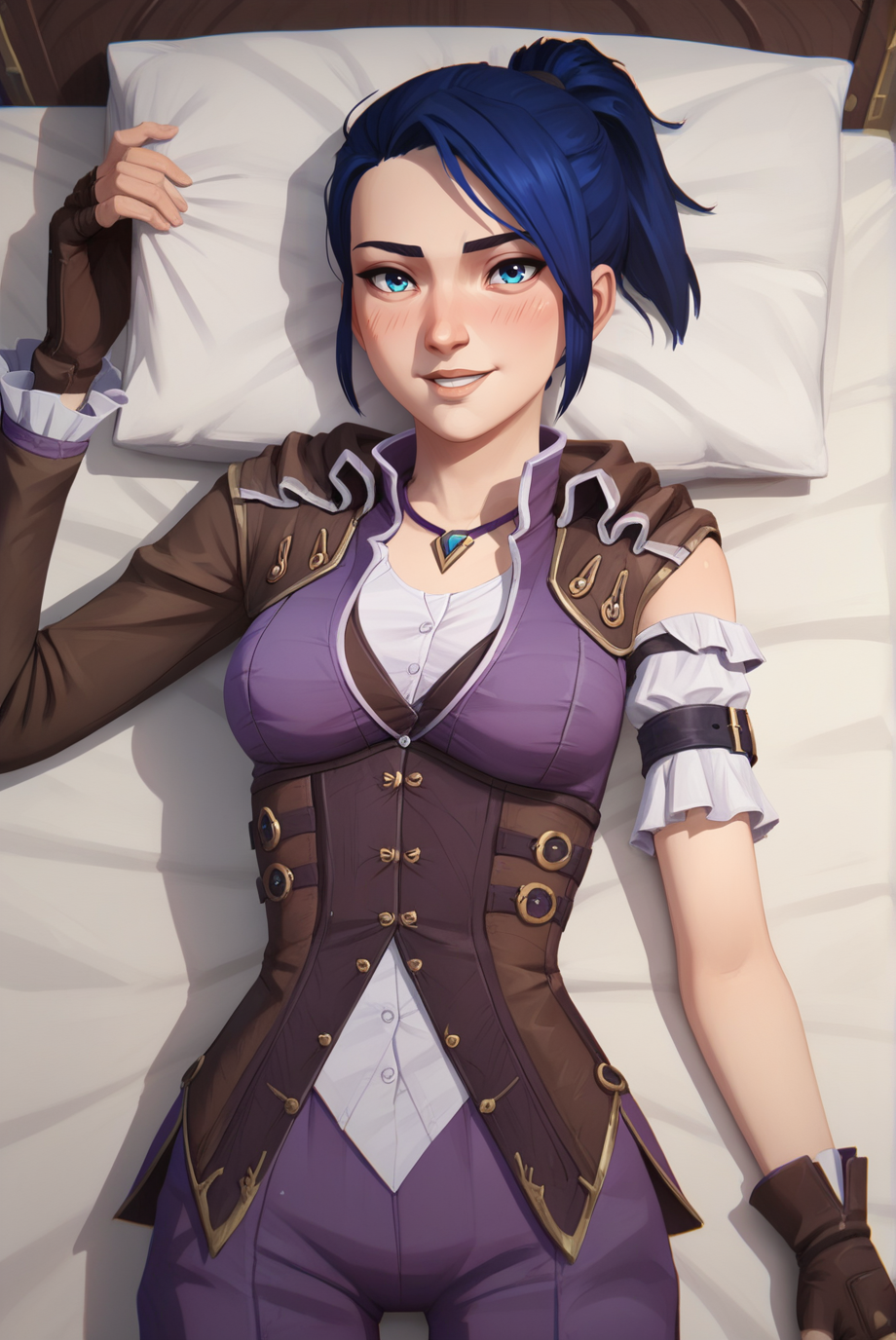 score_9, score_8_up, score_7_up, score_6_up, score_5_up, score_4_up, BREAK source_anime, 1girl, solo,
<lora:ArcaneCaitlynXL-v3-07:0.7>, ChopioCaitlyn, blue hair, shiny hair, blue eyes, looking at viewer,
medium breasts,
short hair, ponytail, sidelocks,
outfit_2, pendant, brown jacket, purple jumpsuit, white shirt, underbust corset, brown corset, single sleeve, long sleeve, single sleeve, long sleeve, arm belt, brown gloves, fingerless gloves,
bedroom, bed, bed sheet, pillow, on bed, on back, from above, smile, parted lips, (blush:1.2),