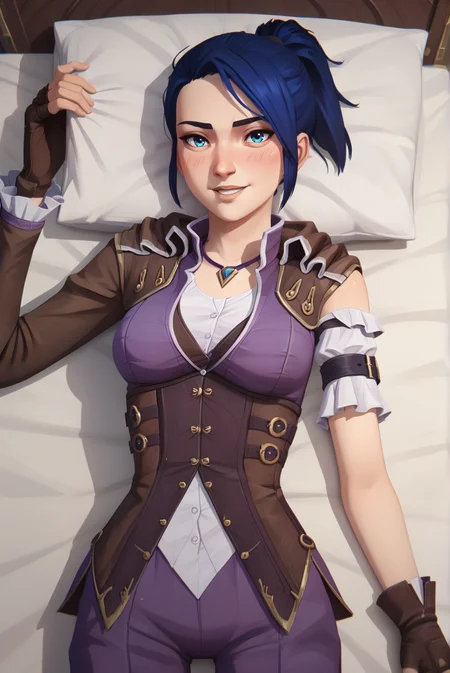 score_9, score_8_up, score_7_up, score_6_up, score_5_up, score_4_up, BREAK source_anime, 1girl, solo,
<lora:ArcaneCaitlynXL-v3-07:0.7>, ChopioCaitlyn, blue hair, shiny hair, blue eyes, looking at viewer,
medium breasts,
short hair, ponytail, sidelocks,
outfit_2, pendant, brown jacket, purple jumpsuit, white shirt, underbust corset, brown corset, single sleeve, long sleeve, single sleeve, long sleeve, arm belt, brown gloves, fingerless gloves,
bedroom, bed, bed sheet, pillow, on bed, on back, from above, smile, parted lips, (blush:1.2),
