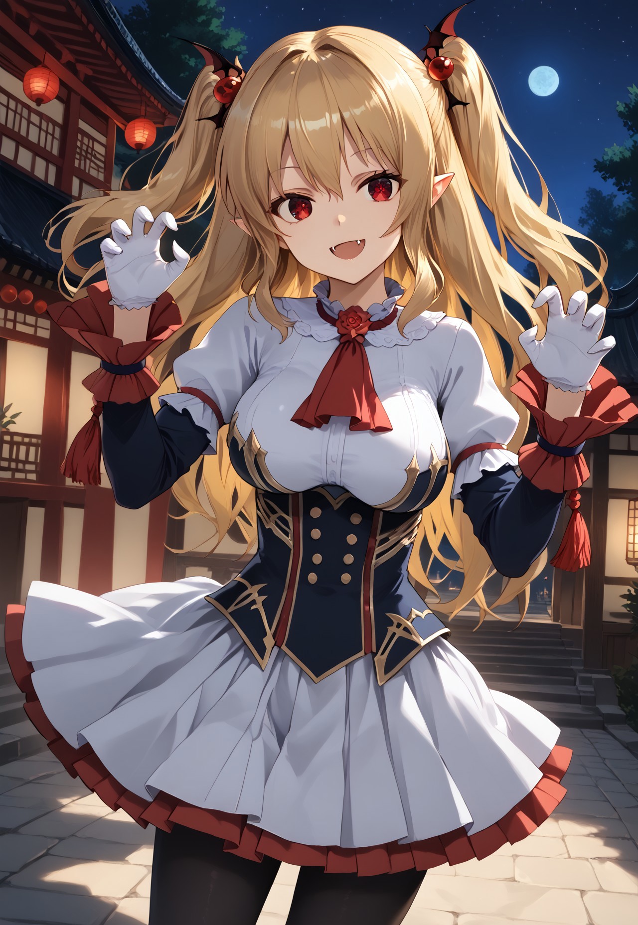 safe_pos, safe_pos, 1girl, solo, solo focus, highres, absurdres, CtK_Vlad, blonde hair, long hair, red eyes, white gloves, twintails, two side up, white skirt, pointy ears, black pantyhose, long sleeves, dress, vampire, hair between eyes, hair ornament, bangs, bat wings, frills, detached sleeves, puffy sleeves, white shirt, red ascot, pleated skirt, juliet sleeves,

looking at viewer, claw pose, smile, open mouth, fangs, head tilt, large breasts,

east asian architecture, tree, shade, night, night sky, dark, backlighting,