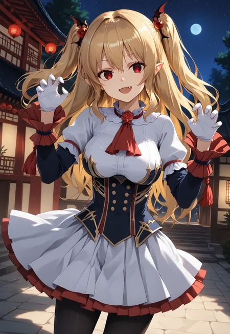 safe_pos, safe_pos, 1girl, solo, solo focus, highres, absurdres, CtK_Vlad, blonde hair, long hair, red eyes, white gloves, twintails, two side up, white skirt, pointy ears, black pantyhose, long sleeves, dress, vampire, hair between eyes, hair ornament, bangs, bat wings, frills, detached sleeves, puffy sleeves, white shirt, red ascot, pleated skirt, juliet sleeves,
looking at viewer, claw pose, smile, open mouth, fangs, head tilt, large breasts,
east asian architecture, tree, shade, night, night sky, dark, backlighting,