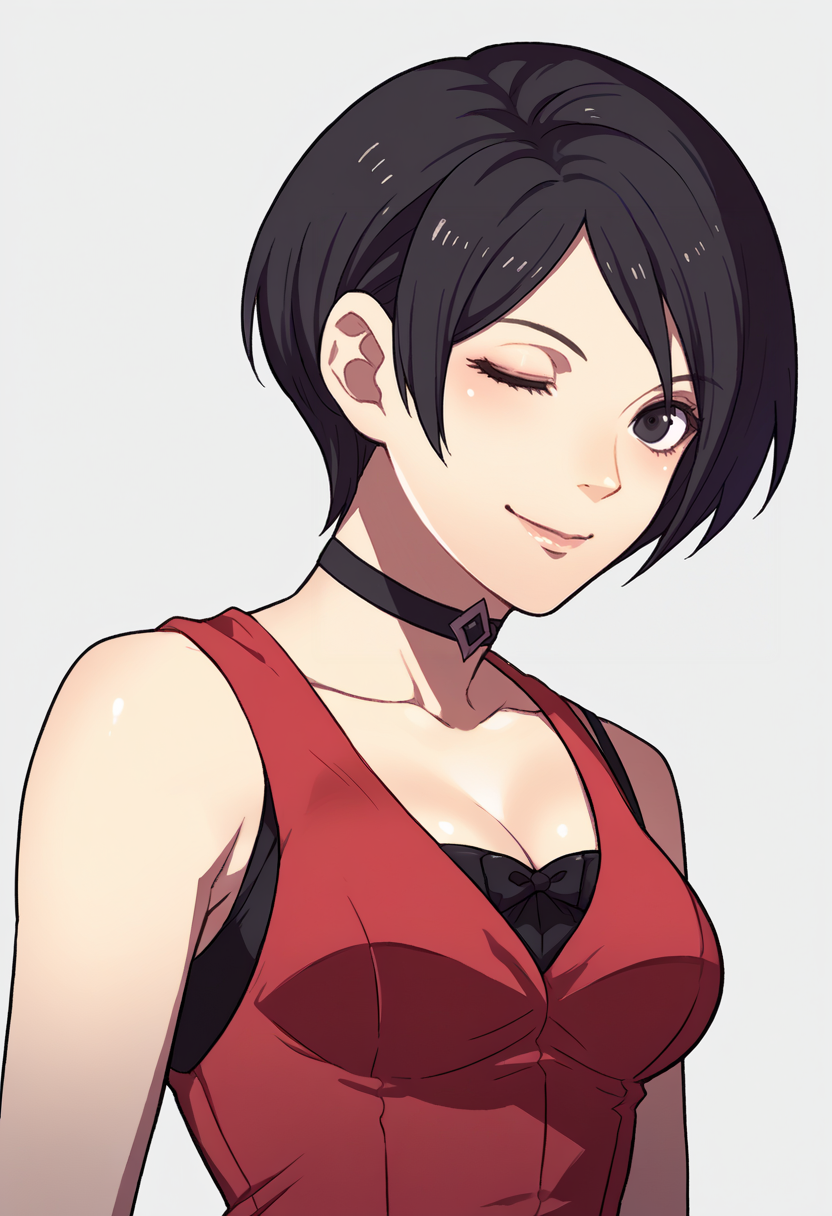 score_9, score_8_up, score_7_up, source_anime BREAK 1girl, solo,
<lora:zs_FE3HPortraitsXL:1> fe3hportraits, upper body, white background
 <lora:adawong-re-richy-v1_pdxl:1> adadress, black hair, short hair, black eyes, red dress, short dress, sleeveless dress, cleavage, choker, pantyhose, wink, smile