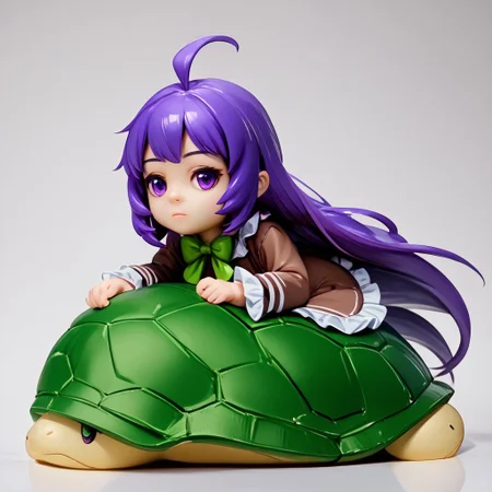 (score_9, score_8_up:1.1), score_7_up, (((realistic, photorealistic))), BanubeeFriends(Tetsu), 1girl, solo, full body, figure, three-quarter angle, dramatic angle, medium breast, vivid lighting white trim, white background, flat ground, full body, Ziru, 1girl, ahoge, very long hair, purple eyes, purple hair, closed mouth, expressionless, green_bowtie, long sleeves, brown dress, frilled dress, green shell, >_<, riding, stuffed_animal, turtle, on stomach,