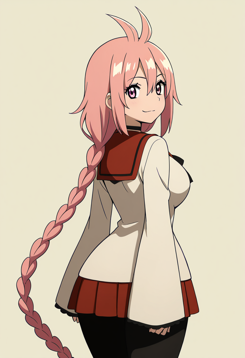 masterpiece, best quality, solo, curvy, beautiful eyes, large breasts, aged up, narrow waist, wide hips, 1girl, solo, smile, looking at viewer,   zzKaede, pink eyes, hair between eyes, ahoge, antenna hair, long hair, pink hair, single braid,  school uniform, choker, sleeves past wrists, red skirt, black pantyhose,   ,<lora:KaedeByKurumiErika_IXL:1.0>, over the shoulder, cowboy shot, smirk, looking back,  looking at viewer,