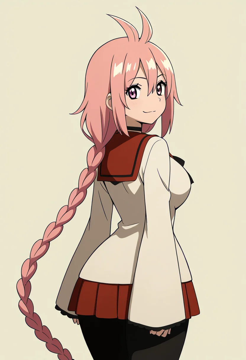 masterpiece, best quality, solo, curvy, beautiful eyes, large breasts, aged up, narrow waist, wide hips, 1girl, solo, smile, looking at viewer, zzKaede, pink eyes, hair between eyes, ahoge, antenna hair, long hair, pink hair, single braid, school uniform, choker, sleeves past wrists, red skirt, black pantyhose, ,<lora:KaedeByKurumiErika_IXL:1.0>, over the shoulder, cowboy shot, smirk, looking back, looking at viewer,