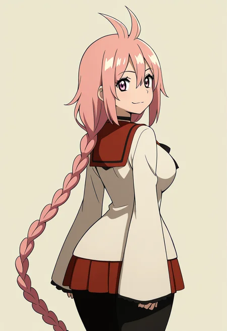 masterpiece, best quality, solo, curvy, beautiful eyes, large breasts, aged up, narrow waist, wide hips, 1girl, solo, smile, looking at viewer, zzKaede, pink eyes, hair between eyes, ahoge, antenna hair, long hair, pink hair, single braid, school uniform, choker, sleeves past wrists, red skirt, black pantyhose, ,<lora:KaedeByKurumiErika_IXL:1.0>, over the shoulder, cowboy shot, smirk, looking back, looking at viewer,
