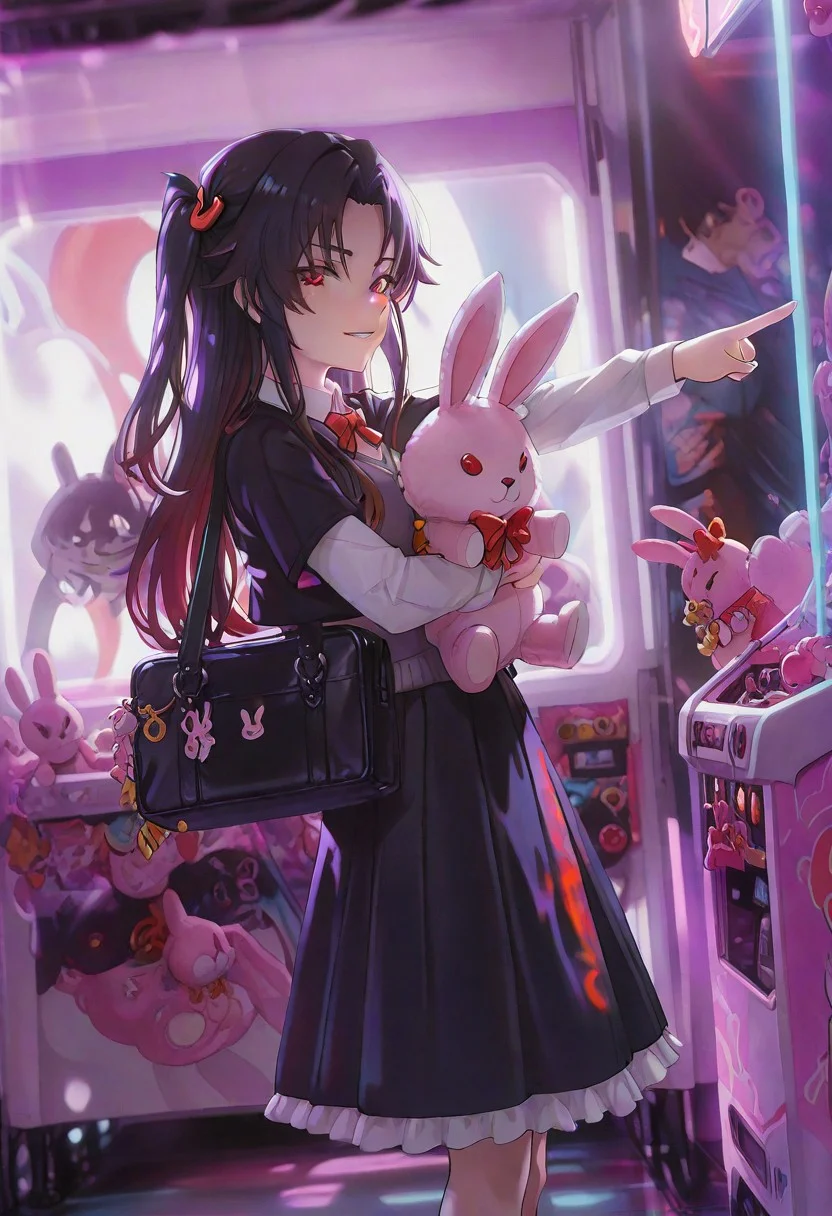 ai-default,yashajin ai,red eyes,black hair,long hair,sidelocks,one side up,black jacket,white collared shirt,short over long sleeves,grey vest,black skirt,frilled skirt,Cowboy shooting,
masterpiece,best quality,amazing quality,newest,absurdres,highres, newest,
,side view,from below,dutch angle,
1girl, kiana kaslana,ooking at viewer,
parted lips, light smile,
hugging pink rabbit plushie,school bag,pointing,trinket,
arcade,claw machine,
detailed background, volumetric lighting, depth of field, shadow,