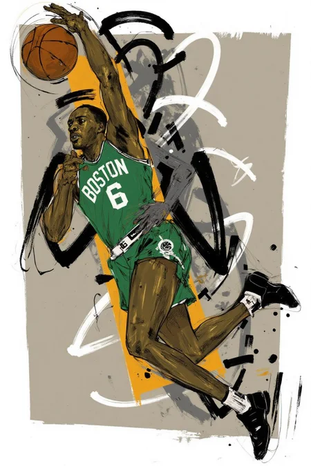 poster illustration.
An African American basketball player, shown in side profile, is captured in mid-action, jumping to dunk a basketball. He is wearing a green jersey with the number "6" and the word "BOSTON."
<lora:posterillustration_cap_d8a4e11:1.0><lora:846189599333283768:0>