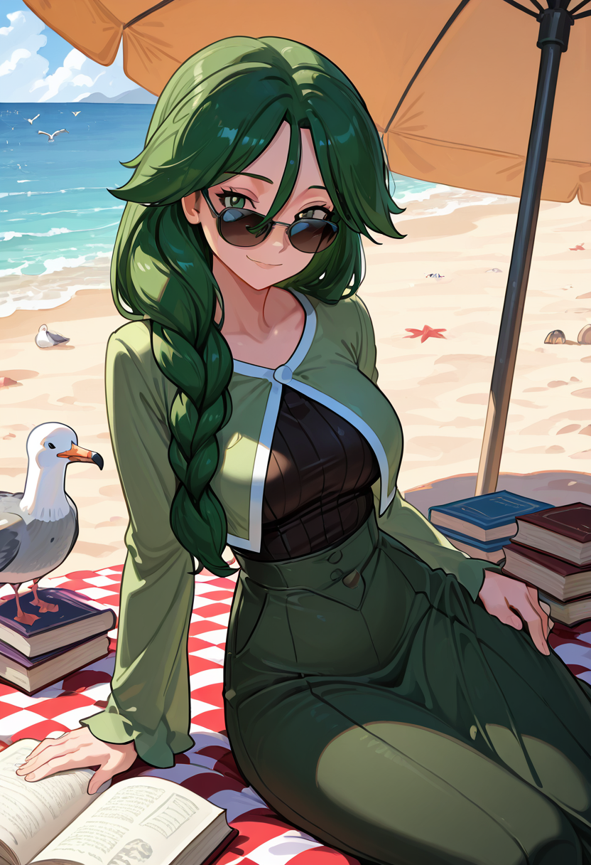 masterpiece, best quality, 1girl, solo, eyelashes, (beautiful eyes),      zzCheryl, green eyes, single braid, hair over shoulder, beach, picnic blanket, book, sunglasses, relaxed expression, seagulls, ocean breeze â Reclining on a checkered blanket under the open sky, Cheryl turns the pages of a book, her braid tucked lazily over one shoulder. Her sunglasses reflect the sea, and a relaxed expression graces her face. Seagulls wheel overhead as the salty wind flutters the pages, mixing peace and motion in this serene coastal moment.   ,<lora:CherylPokemon_IXL_v2:1.0>,