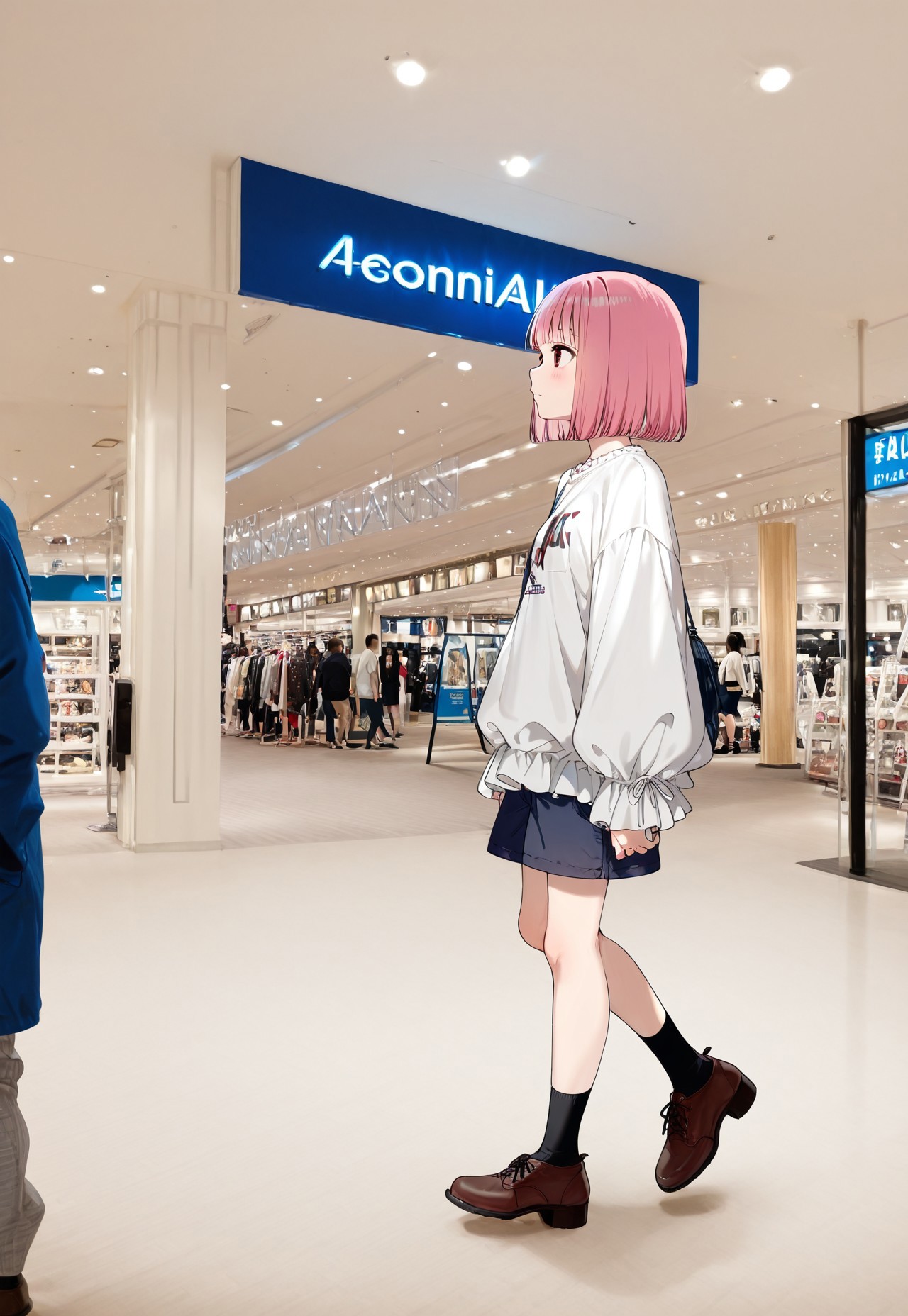 great quality,1girl,solo focus,almic,(akakura,ogipote,:0.75),(pomu \(joynet\), momisan:0.6),(karlyn, pairan,:0.7), ,great quality,indoors,walking ,full body,knee up,white floors, white ceiling, shopping mall,photo background, real world location,(from side:0.8), casual, shorts, fashion,white blouse, puffy skeeves,frills sleeves,,black socks, pink hair, bob cut, medium hair, red ruby eyes, brown shoes,,looking away, blue sign,(black pillar:0.7)