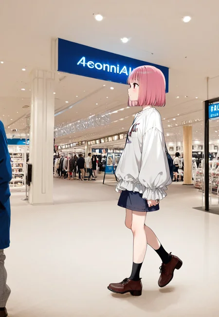 great quality,1girl,solo focus,almic,(akakura,ogipote,:0.75),(pomu \(joynet\), momisan:0.6),(karlyn, pairan,:0.7), ,great quality,indoors,walking ,full body,knee up,white floors, white ceiling, shopping mall,photo background, real world location,(from side:0.8), casual, shorts, fashion,white blouse, puffy skeeves,frills sleeves,,black socks, pink hair, bob cut, medium hair, red ruby eyes, brown shoes,,looking away, blue sign,(black pillar:0.7)