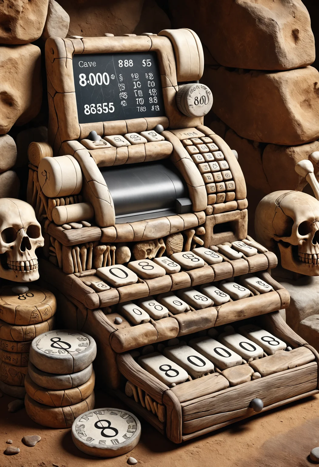 a cash register made of dvr-stnd, digits stylized as cave drawings, (screen with text "80085":1.2), next to a stack of coins made of animal bones <lora:dvr-stnd:0.8>