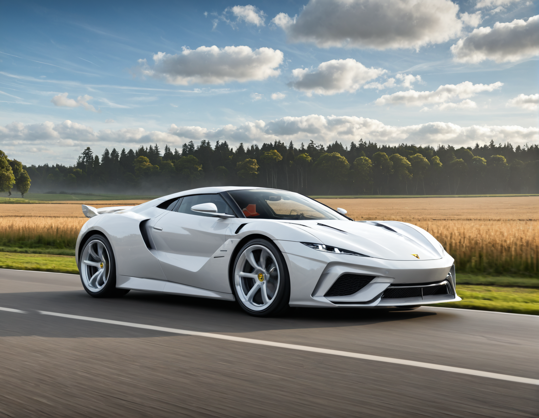 concept art <lora:Zoom_Cars:1>,Cornelisz Hendriksz Vroom,, a white sports car driving down a road next to a field of grass and trees in the background with a sky background [23], . digital artwork, illustrative, painterly, matte painting, highly detailed