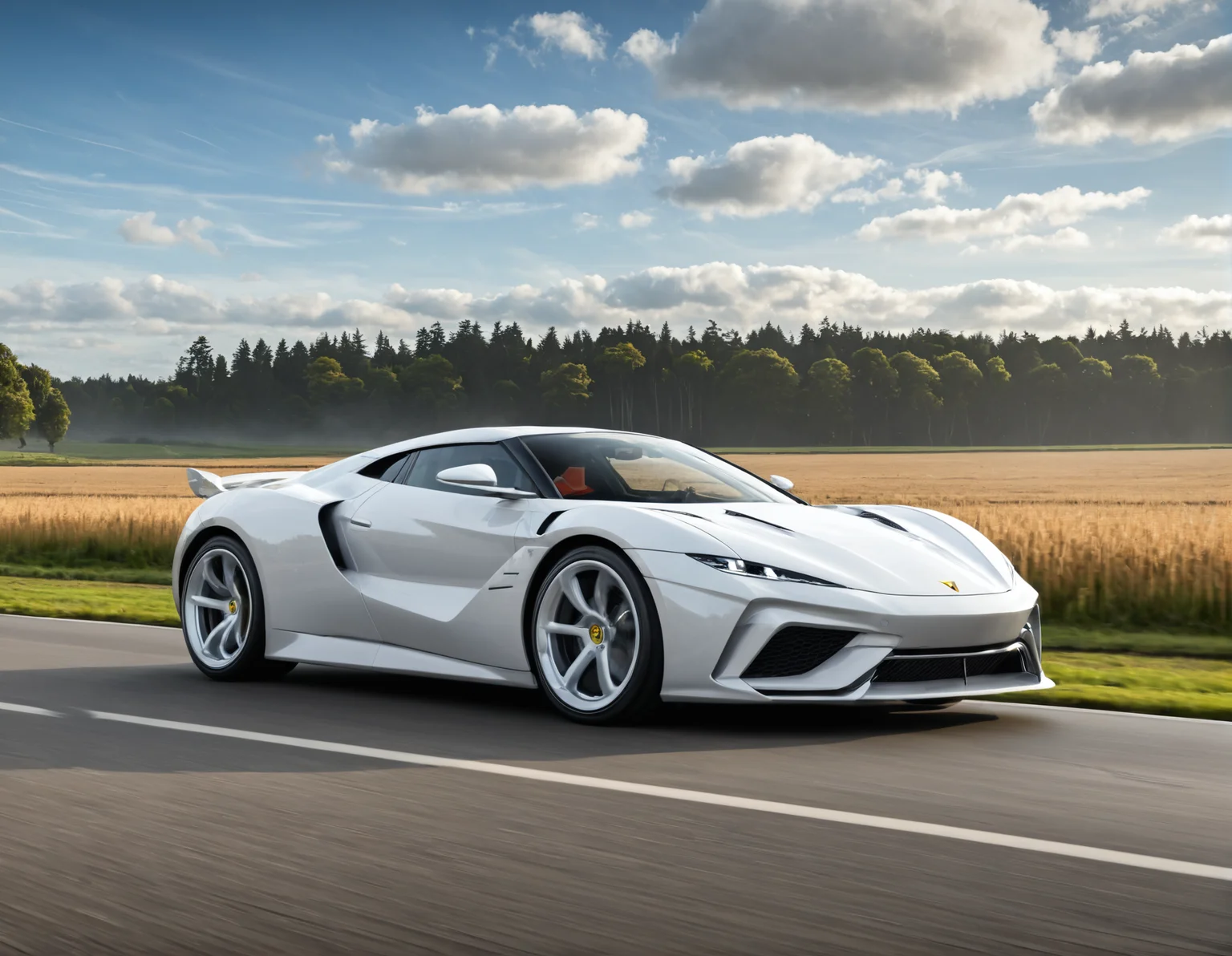 concept art <lora:Zoom_Cars:1>,Cornelisz Hendriksz Vroom,, a white sports car driving down a road next to a field of grass and trees in the background with a sky background [23], . digital artwork, illustrative, painterly, matte painting, highly detailed