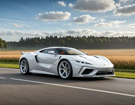 concept art <lora:Zoom_Cars:1>,Cornelisz Hendriksz Vroom,, a white sports car driving down a road next to a field of grass and trees in the background with a sky background [23], . digital artwork, illustrative, painterly, matte painting, highly detailed