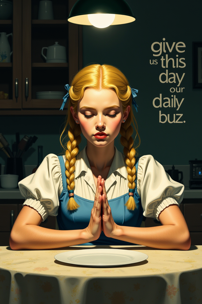 A digital illustration of a young woman sitting at a kitchen table praying by joining her hands. She is wearing a blue frock with a white blouse, and her blonde hair is tied in two braids with ribbons. The kitchen table has a single (empty plate:1.1). The text "give us this day our daily buzz" is written in bold in the empty space on the right of the image. 1950's kitchen in the background. A single lamp is hanging from ceiling over the table and illuminating the table and the girl. Face partially in shadow, and the background is in dark. Eyes closed, hands on the table and looking down. From front. 