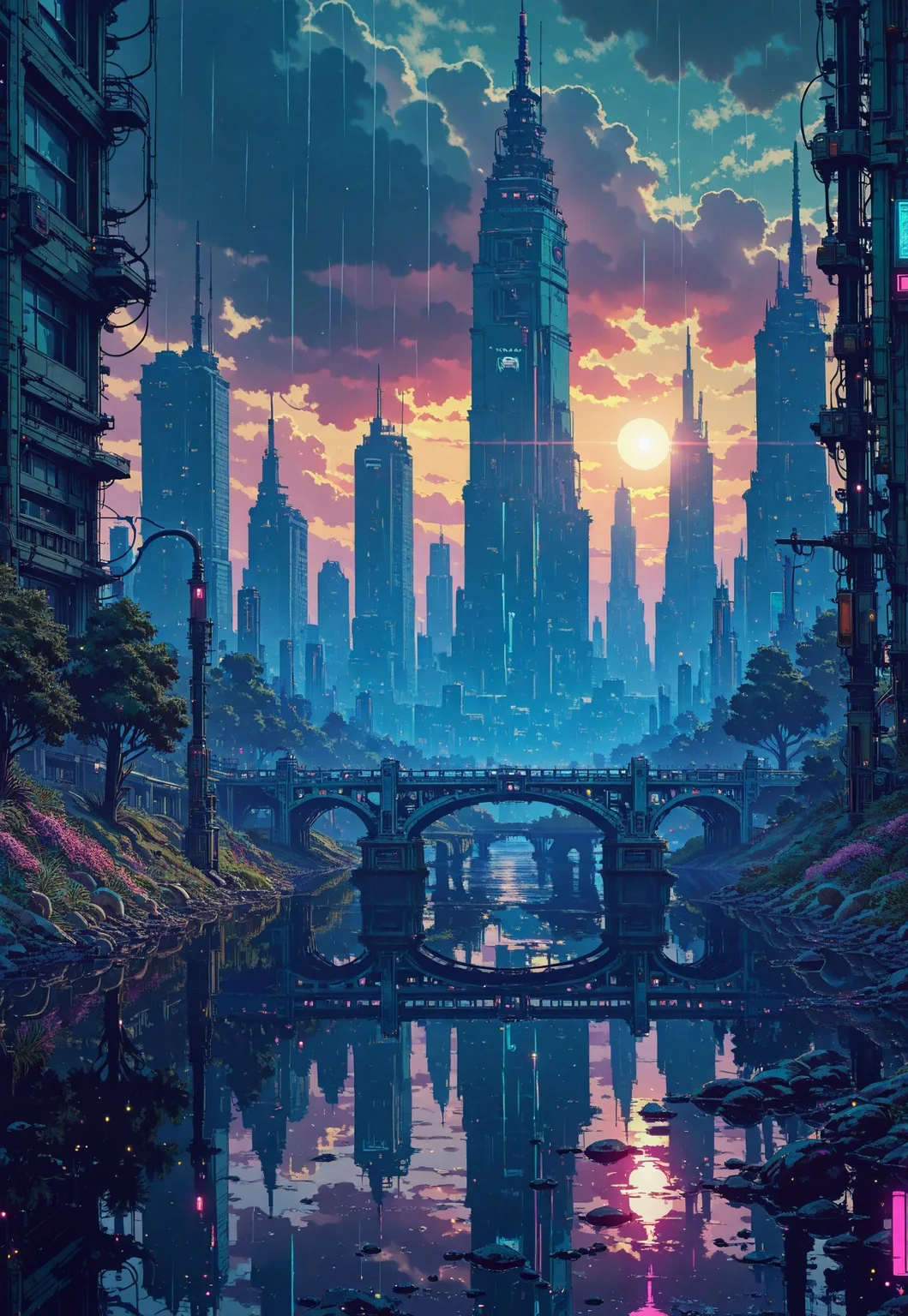 futuristic skyscraper, tower, arc, cybercity, neon signs, utility pole, rain, reflections, cloudy sky, dramatic sunset, sun rays, light particles, lens flares, pond, bridge, gothic architecture, scenery, no humans, cyberpunk, science fiction, dystopian, landscape, anime screencap,  painterly, volumetric lighting, no line art, no outline, photo (medium), fine art, masterpiece, best quality, good quality, very awa, very aesthetic, absurdres, newest, 8k, high contrast, in the style of cknc,
