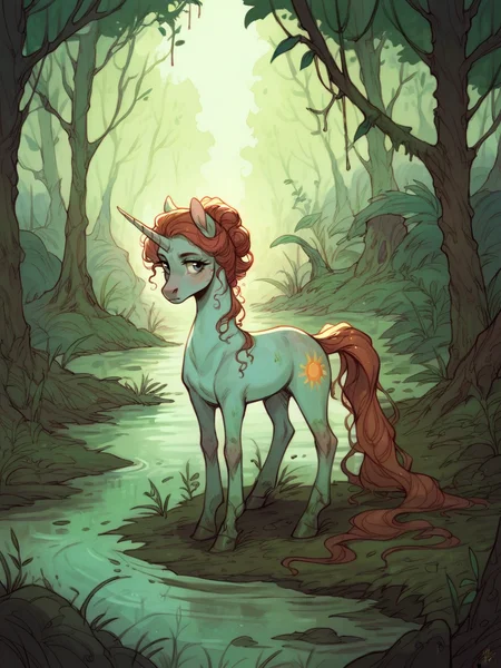 score_9, score_8_up, score_7_up, score_6_up, score_5_up,    <lora:rebeccaguayXLP:1> rebecca guay, solo, swamp, unicorn