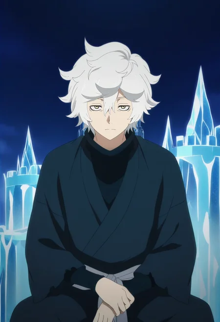 masterpiece, best quality, , anime screencap, , official style,, 1boy, solo, male focus, <lora:gabimaru_jigokuraku_ilxl:0.96>, gabimaru_jigokuraku, white hair, yellow eyes, hair between eyes, short hair, messy hair, , , ice castle, frost patterns, crystal windows, frozen throne, royal pose, dignified expression, morning light,