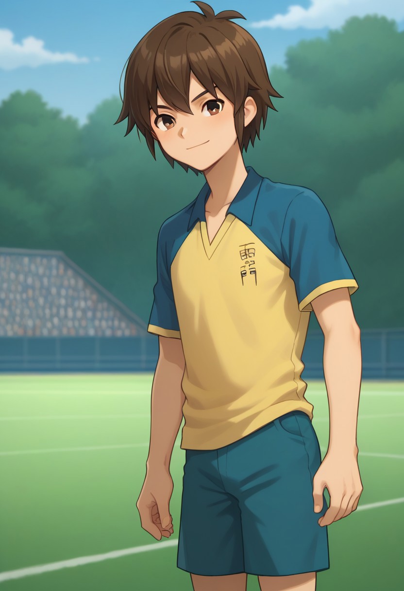 score_9, score_8_up, score_7_up, source_anime, highly detailed, 
handa, 1boy, male focus, solo, brown hair, hair between eyes, brown eyes, sportwear, raimon, soccer uniform, raimon soccer uniform, shirt, raglan sleeves, blue shirt, yellow shirt, short sleeves, shorts, blue shorts, smile
outdoor,