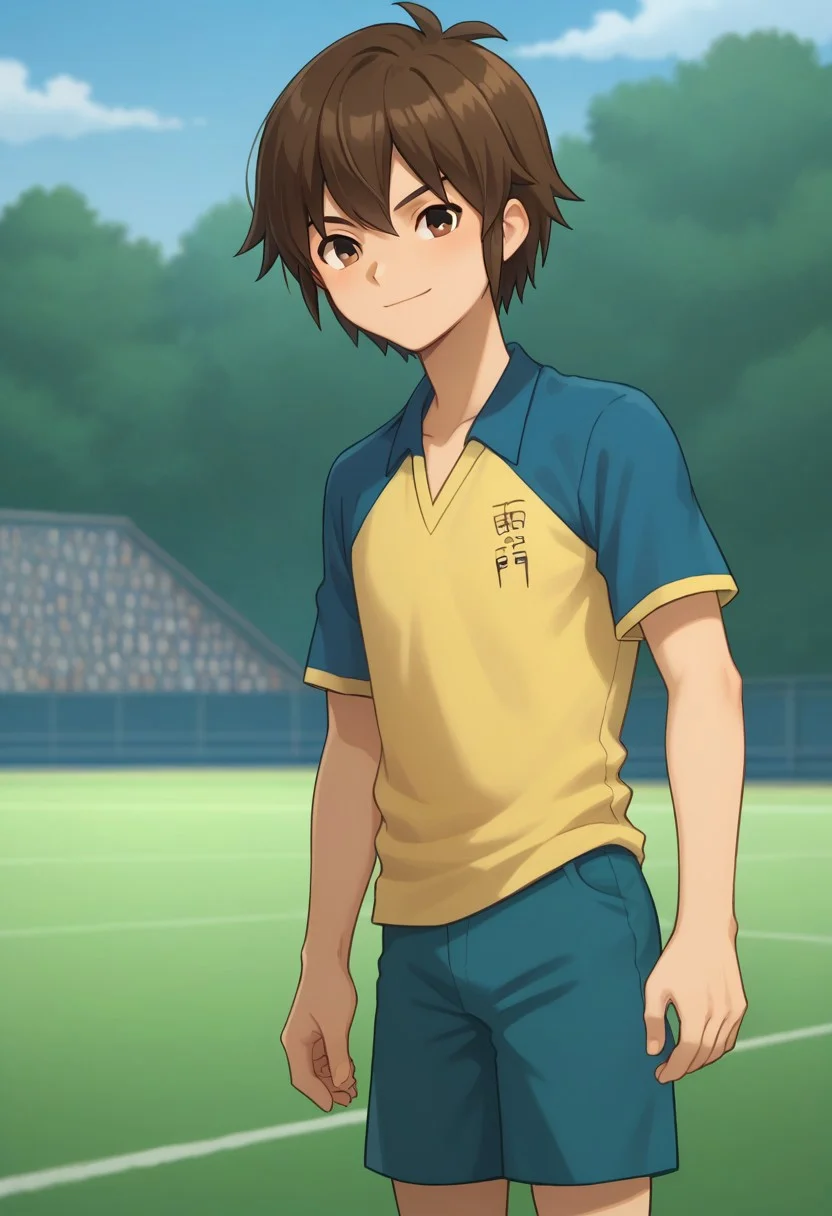 score_9, score_8_up, score_7_up, source_anime, highly detailed,
handa, 1boy, male focus, solo, brown hair, hair between eyes, brown eyes, sportwear, raimon, soccer uniform, raimon soccer uniform, shirt, raglan sleeves, blue shirt, yellow shirt, short sleeves, shorts, blue shorts, smile
outdoor,