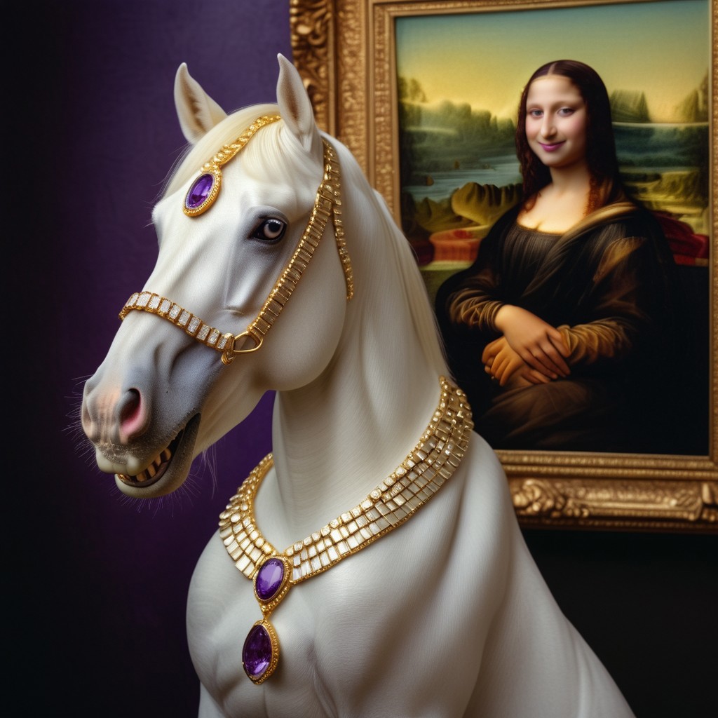 White horse big portrait, Mona Lisa pose, hyperrealism, gold accessories and purple diamonds, magazín award photo, super fancy. Golden teeth and smile, big eyes