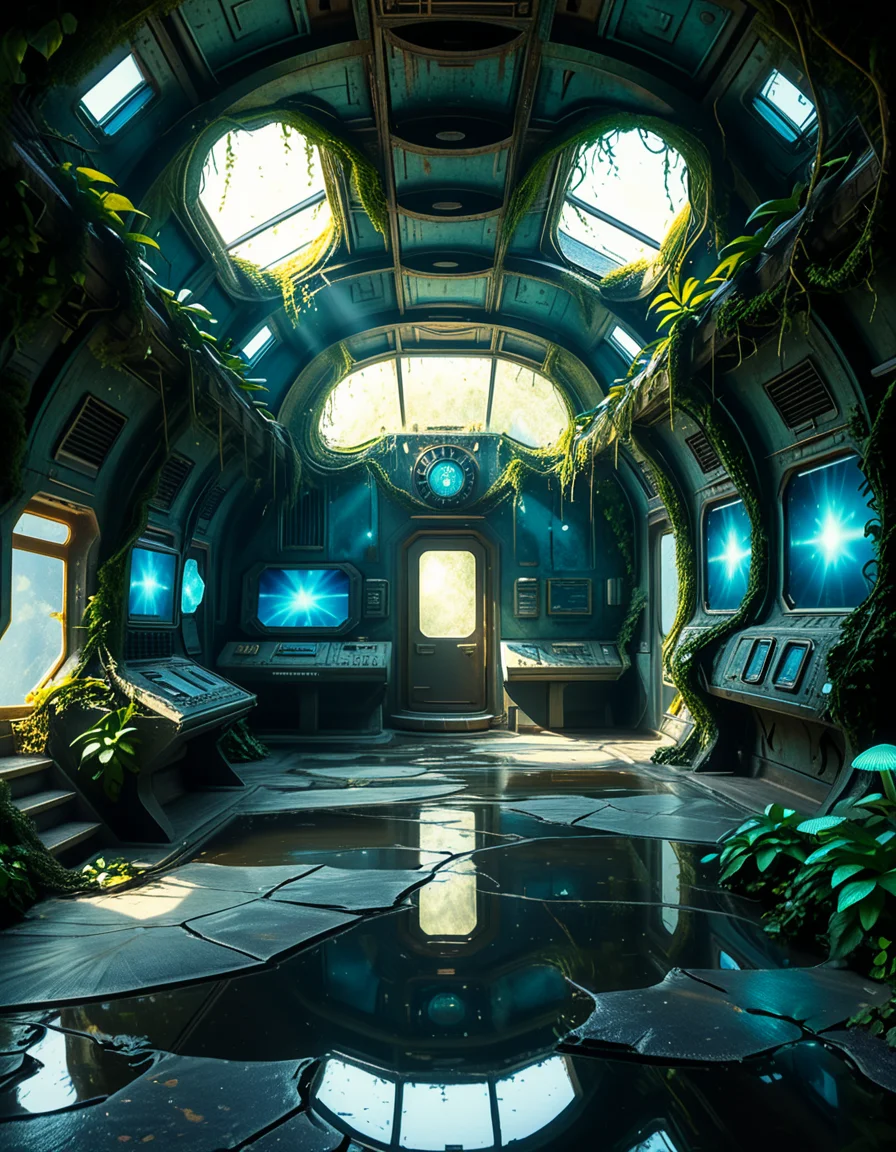 The interior of an ancient abandoned spaceship, overtaken by lush vegetation. The walls and ceiling are covered in thick, twisting vines and moss. Strange alien plants glow faintly in shades of blue and green, casting an eerie, mystical light across the metallic surfaces. Rusted control panels and shattered glass windows hint at a long-forgotten past. The floor is cracked and partially flooded with still, reflective water. Patches of bioluminescent fungi cling to the corners, adding a surreal atmosphere. The air feels heavy with moisture, and beams of soft, diffused light filter through holes in the hull, creating dramatic shafts of light and shadow. The overall style is hyper-realistic, rich in textures, with a cinematic and slightly melancholic mood.<lora:SDXLFaeTastic2400:0.4> <lora:extremely_detailed:0.4> extremely detailed,<lora:ancient_abandoned_sp4c3sh1p:1>,ancient abandoned sp4c3sh1p, Masterpiece,best quality,hi res,8k,hi res,8k,award winning,(sharp focus, intricate, highly detailed),