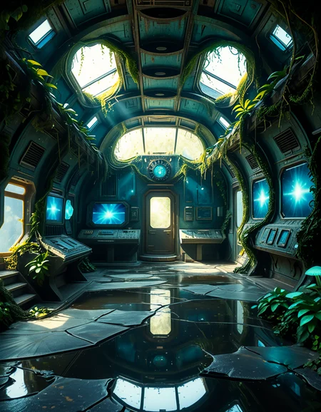 The interior of an ancient abandoned spaceship, overtaken by lush vegetation. The walls and ceiling are covered in thick, twisting vines and moss. Strange alien plants glow faintly in shades of blue and green, casting an eerie, mystical light across the metallic surfaces. Rusted control panels and shattered glass windows hint at a long-forgotten past. The floor is cracked and partially flooded with still, reflective water. Patches of bioluminescent fungi cling to the corners, adding a surreal atmosphere. The air feels heavy with moisture, and beams of soft, diffused light filter through holes in the hull, creating dramatic shafts of light and shadow. The overall style is hyper-realistic, rich in textures, with a cinematic and slightly melancholic mood.<lora:SDXLFaeTastic2400:0.4> <lora:extremely_detailed:0.4> extremely detailed,<lora:ancient_abandoned_sp4c3sh1p:1>,ancient abandoned sp4c3sh1p, Masterpiece,best quality,hi res,8k,hi res,8k,award winning,(sharp focus, intricate, highly detailed),