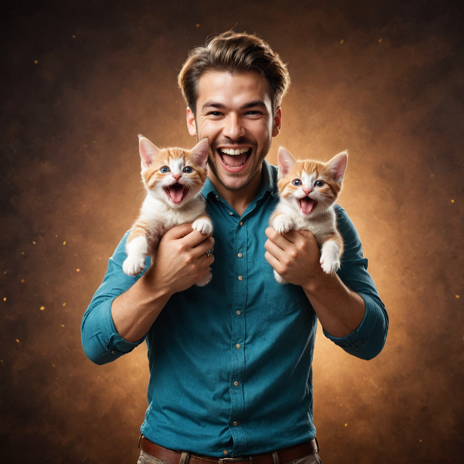 cinematic photo by ((( Rolf Armstrong ) and  Bess Hamiti ) and  Ross Tran ) and  Mikko Lagerstedt  of  man holding up two cute kittens while laughing maniacally, dual wielding kittens <lora:happy:0.25><lora:maniacal_laughter:1.75><lora:dual_pistols:0.35>  <lora:more_art:0.30> <lora:midjourney:-0.15> <lora:RMSDXL_Enhance:0.50> <lora:RMSDXL_Creative:0.50> <lora:RMSDXL_Photo:0.50> <lora:RMSDXL_Darkness_Cinema:0.50> <lora:clothing_slider:2.00> <lora:great_lighting:1.50> <lora:aesthetic:1.50> <lora:photorealistic_portrait:1.50> <lora:extremely_detailed:1.50> <lora:dpo:0.25> <lora:perfect_hands:0.50>