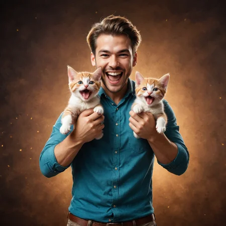 cinematic photo by ((( Rolf Armstrong ) and Bess Hamiti ) and Ross Tran ) and Mikko Lagerstedt of man holding up two cute kittens while laughing maniacally, dual wielding kittens <lora:happy:0.25><lora:maniacal_laughter:1.75><lora:dual_pistols:0.35> <lora:more_art:0.30> <lora:midjourney:-0.15> <lora:RMSDXL_Enhance:0.50> <lora:RMSDXL_Creative:0.50> <lora:RMSDXL_Photo:0.50> <lora:RMSDXL_Darkness_Cinema:0.50> <lora:clothing_slider:2.00> <lora:great_lighting:1.50> <lora:aesthetic:1.50> <lora:photorealistic_portrait:1.50> <lora:extremely_detailed:1.50> <lora:dpo:0.25> <lora:perfect_hands:0.50>