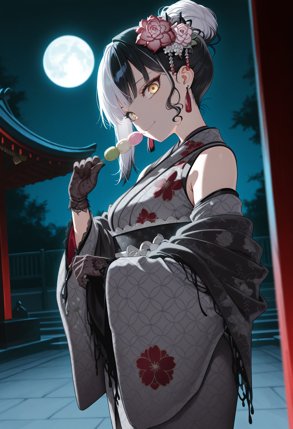 masterpiece, best quality, 1girl, solo, Shi0riNYs, multicolored hair, white hair, black hair, yellow eyes, short hair, hair bun, single sidelock, hair flower, tassel earrings, grey kimono, floral print, detached sleeves, black shawl, black lace gloves, holding dango, outdoors, shrine, night, dark theme, darkness, moon, high contrast, from side, looking at viewer, head tilt, smile, <lora:ChamShioriNovellaV2IllustriousXL:1>