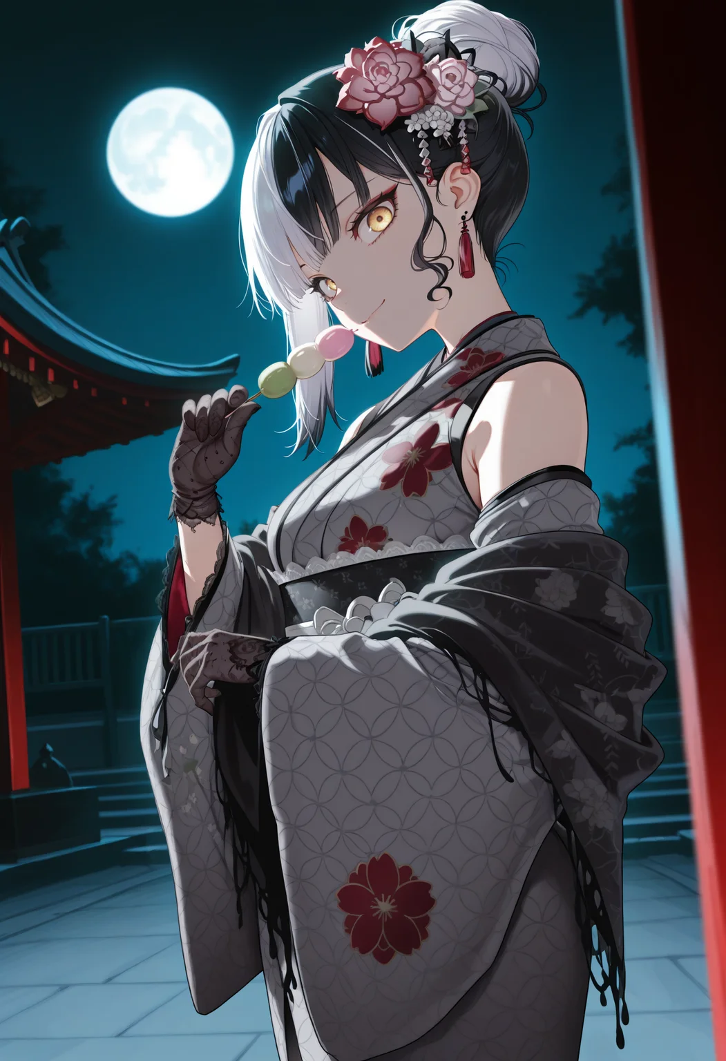 masterpiece, best quality, 1girl, solo, Shi0riNYs, multicolored hair, white hair, black hair, yellow eyes, short hair, hair bun, single sidelock, hair flower, tassel earrings, grey kimono, floral print, detached sleeves, black shawl, black lace gloves, holding dango, outdoors, shrine, night, dark theme, darkness, moon, high contrast, from side, looking at viewer, head tilt, smile, <lora:ChamShioriNovellaV2IllustriousXL:1>