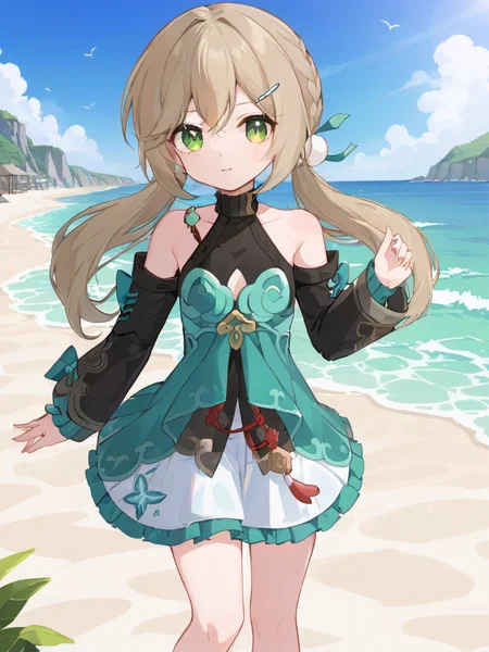 <lora:xl_ééæµè¯0.6æ£å+å¤ç´ æ-000014:1>,qingque girl,low twintails,green eyes,light brown hair,Special clothing,beach,