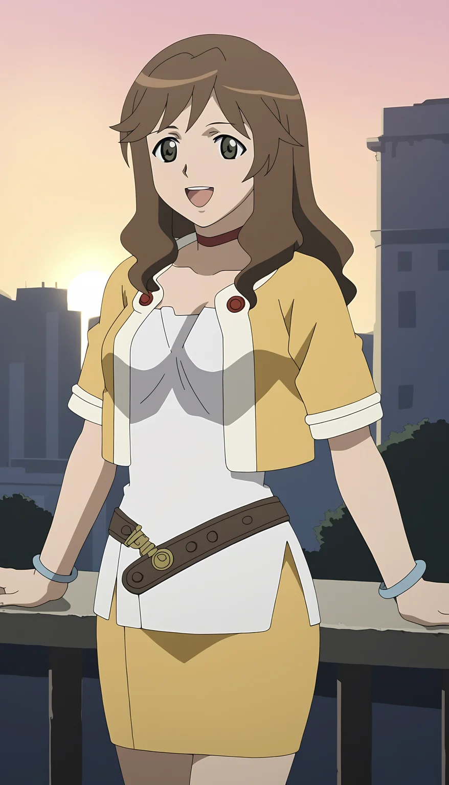 score_9, source_anime BREAK, oldest, anime screencap, outdoors, day, city, <lora:MirandaMaverick(Pony)-10:1>MirandaMaverick, 1girl, solo, long hair, brown hair, choker, red choker, bracelet, grey bracelet, wristband, jacket, open jacket, multicolored jacket, short dress, white dress, short sleeves, belt, belt buckle, buttons, red buttons, pencil skirt, yellow skirt, pose, open mouth, smile,