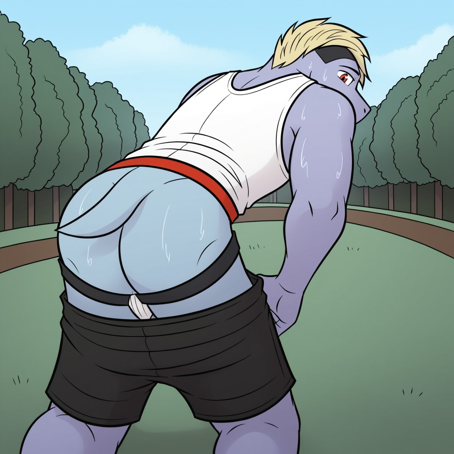 safe_pos, artwork, digital artwork, colourful source_e621, score_9, score_8_up, score_7_up, score_6_up, score_5_up, score_4_up, solo, Rex, male, machop, pokemon, red eyes, white sclera, blonde hair, short hair, low view, from behind, looking back, looking overshoulder, overshoulder, looking at viewer, looking down, ass, ass focus, after excersice, sweat, sweating, sweaty, tanktop, jockstrap, shorts down, detailed, detailed background, outdoors, outside, park, clothed, clothed, perfect eyes, perfect face, perfect mouth, perfect teeth, natural lighting,