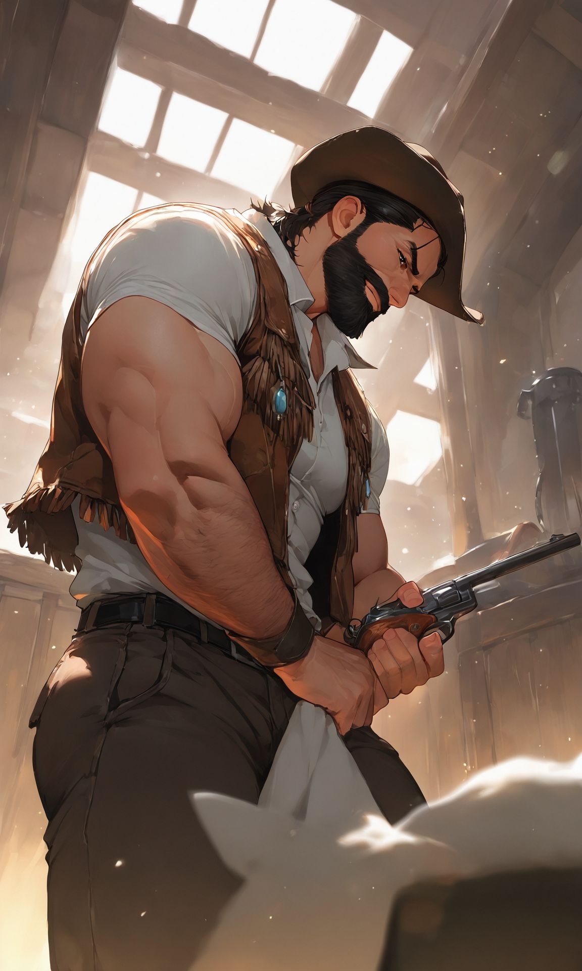 (masterpiece, best quality, high quality, absurdres, high detail),(gay:1.2), (1boy, mature male, muscular), toned, cowboy western, gunman, indoors, trending on artstation, perfect perspective, depth of field<lora:NoobMale:1>