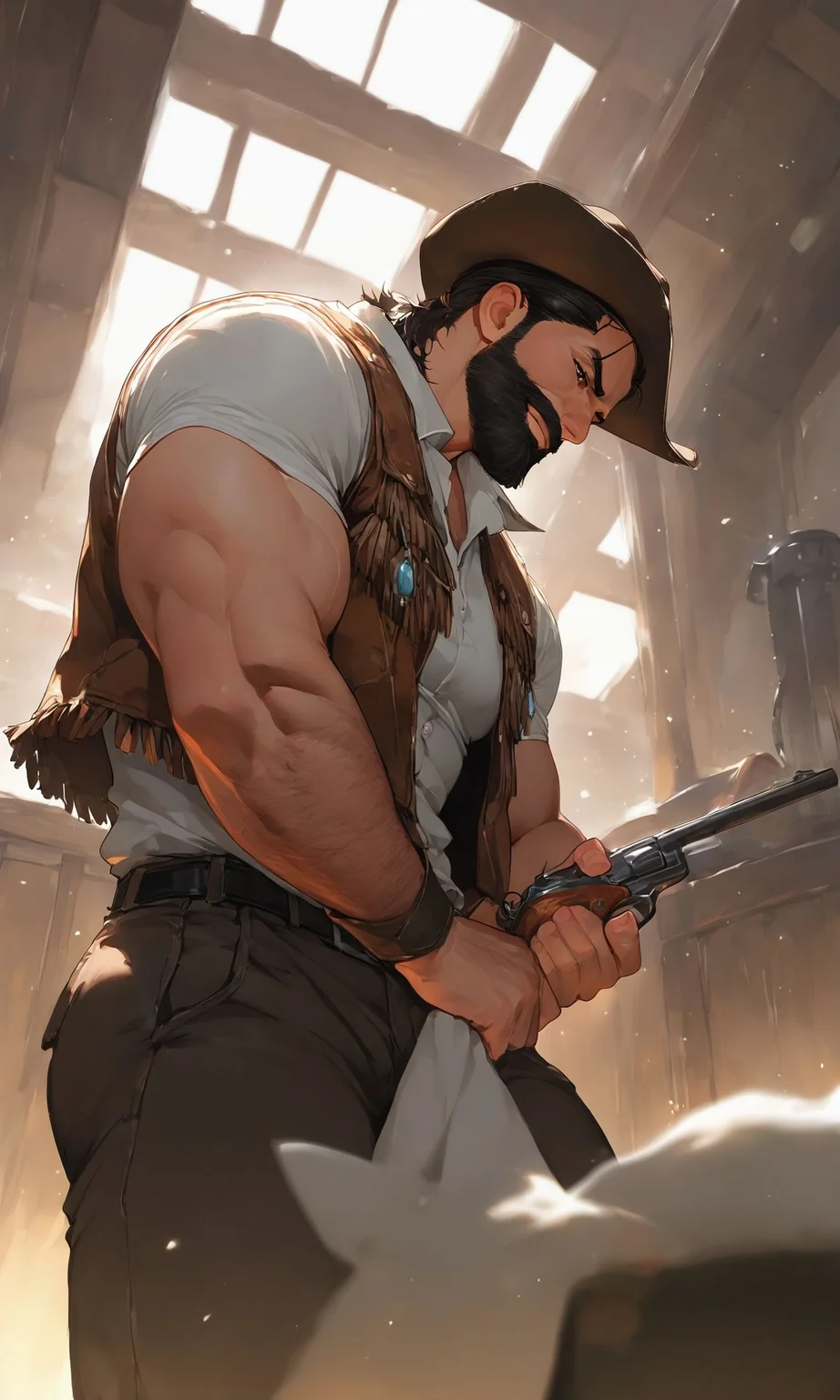 (masterpiece, best quality, high quality, absurdres, high detail),(gay:1.2), (1boy, mature male, muscular), toned, cowboy western, gunman, indoors, trending on artstation, perfect perspective, depth of field<lora:NoobMale:1>
