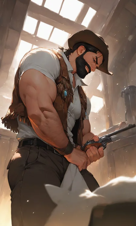 (masterpiece, best quality, high quality, absurdres, high detail),(gay:1.2), (1boy, mature male, muscular), toned, cowboy western, gunman, indoors, trending on artstation, perfect perspective, depth of field<lora:NoobMale:1>