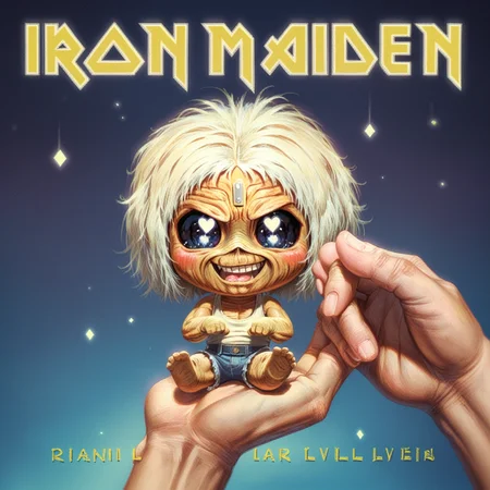 <lora:album-covers-im_pony_v1:1> an "iron maiden" album cover, chibi cute kawaii, score_9, score_6_up, score_7_up