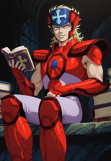 score_9, score_8_up, score_7_up, masterpiece, cruchripdxl reading a book, 1boy, muscular, toned male, wavy hair, blonde hair, cross circlet, red breastplate, red pauldrons, red vambraces, red fingerless gloves, light violet undershirt, light violet pants, red thighhigh greaves, unibrow, dilated pupils, (highly detailed:1.2), (intricate:1.2), (best quality:1.2),(8k:1.2), (sharp:1.2), (majestic:1.2), natural lighting, detail++, full body, from below, looking at viewer, smirk, evil, mountain background, gloomy skies, sitting, book, reading,