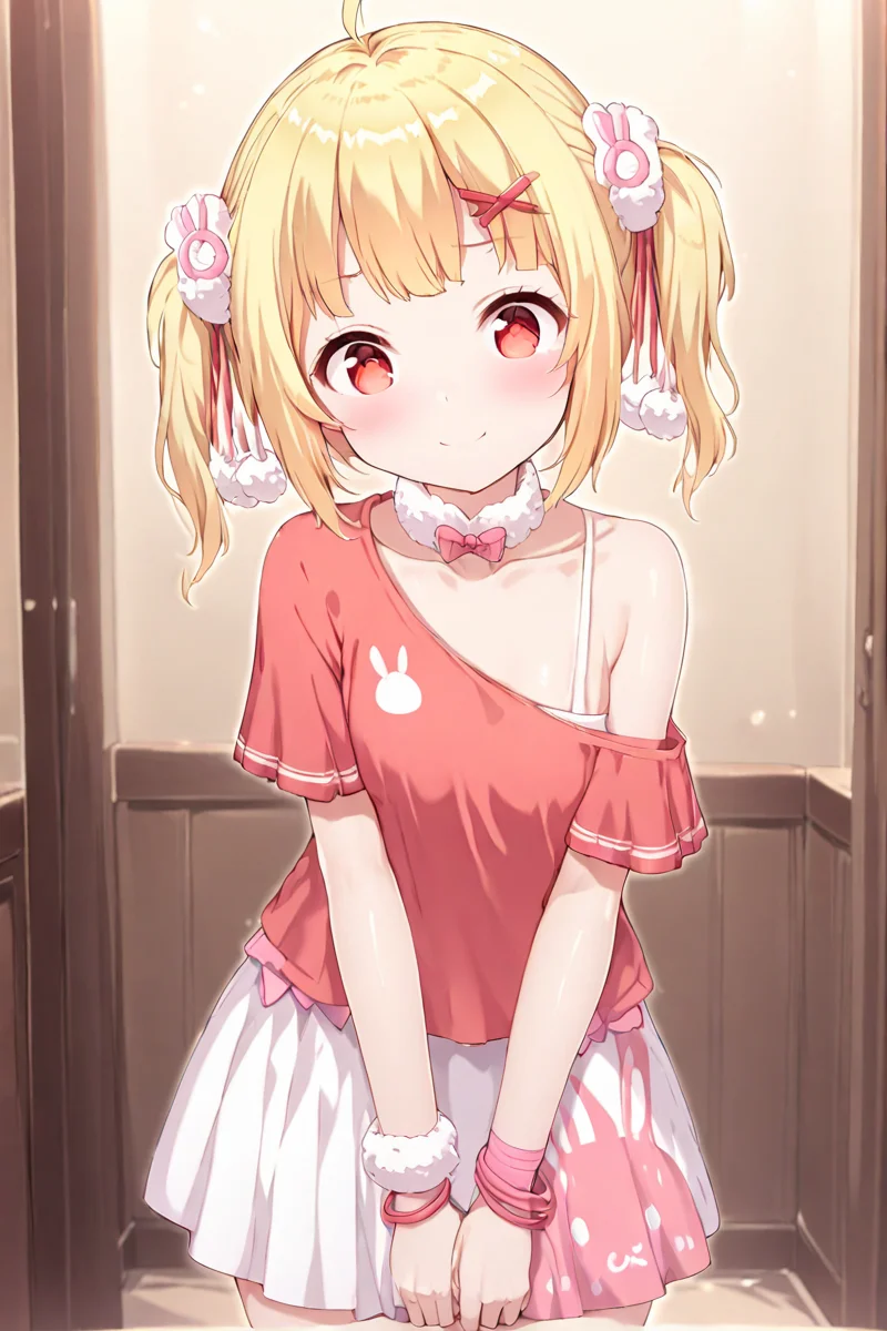 masterpiece, best quality, 1girl, solo, Tuya, smile,
white skirt, off-shoulder shirt,bunny print, animal print, pleated skirt, blush, off shoulder, looking at viewer, red shirt, wristband, pom pom \(clothes\), <lora:Tuya_xl:1>, leaning forward,