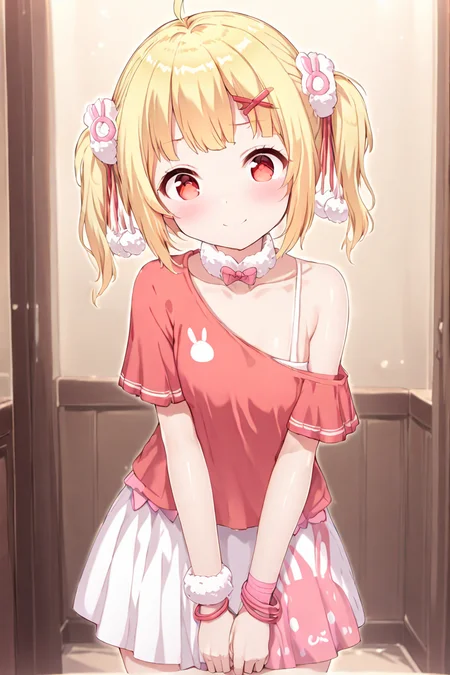masterpiece, best quality, 1girl, solo, Tuya, smile,
white skirt, off-shoulder shirt,bunny print,  animal print, pleated skirt, blush, off shoulder, looking at viewer, red shirt, wristband, pom pom \(clothes\), <lora:Tuya_xl:1>, leaning forward,