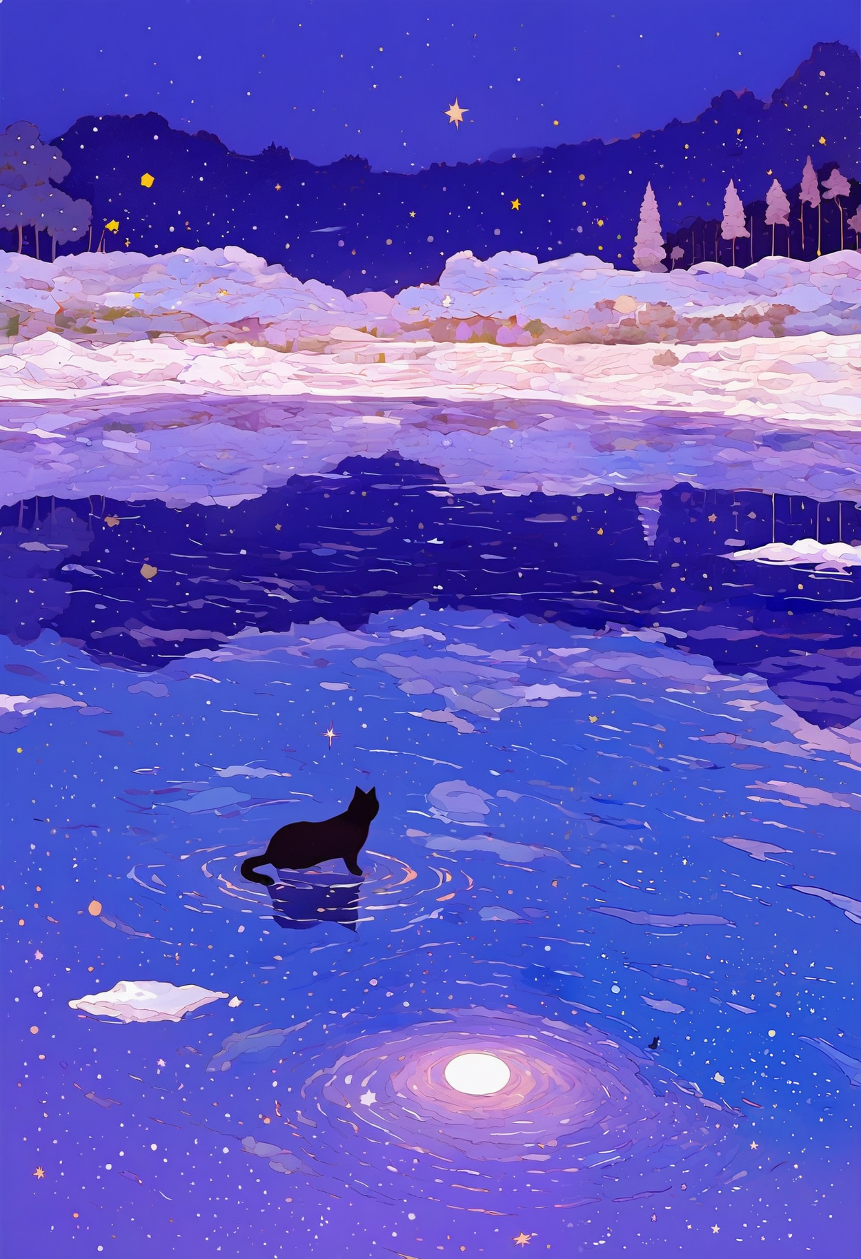 <lora:MF9fMTFYeA==-noobaiXLNAIXL_epsilonPred_V110_V1-CAME>, MF9f, star \(sky\), sky, no humans, moon, snow, starry sky, cat, outdoors, black cat, night, scenery, tree, reflection, night sky, full moon, reflective water, lake, nature, cloud, star \(symbol\), water, space, forest, landscape